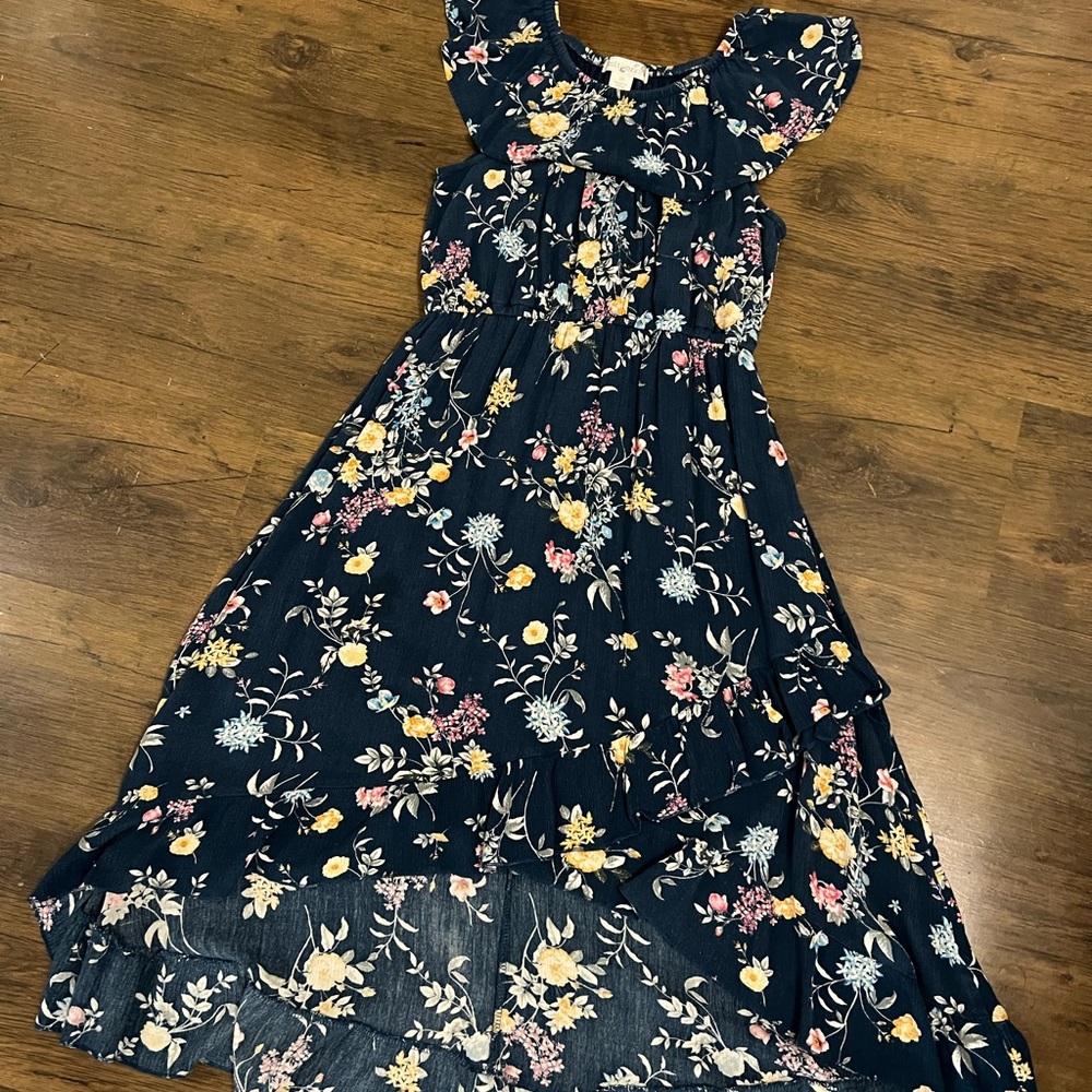 Navy blue floral dress size 16 flowing and double layers in the skirt